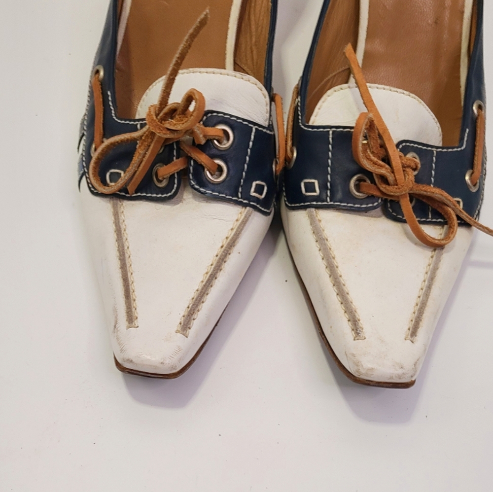 Balenciaga white and Navy Blue mules Heels with Bow  and Pointed Toe size 40 - Picture 4 of 10